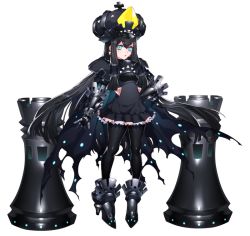 Rule 34 | 1girl, alternate color, armored boots, black dress, black gloves, black hair, black pantyhose, blue eyes, boots, cape, chess piece, creatures (company), crown, dress, full body, game freak, gauntlets, gen 7 pokemon, gloves, hair between eyes, hair tubes, hand on own hip, high heels, katagiri hachigou, long hair, looking at viewer, nintendo, palossand, pantyhose, personification, pokemon, pokemon sm, rook (chess), shiny pokemon, slit pupils, solo, torn cape, torn clothes, white background