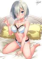 Rule 34 | 10s, 1girl, 3:, artist name, barefoot, bed, between legs, blue bra, blue eyes, blue panties, bra, breasts, collarbone, cursive, fingernails, hair ornament, hair over one eye, hairclip, hamakaze (kancolle), hand between legs, kantai collection, looking at viewer, medium breasts, navel, on bed, panties, pillow, sakiyamama, signature, silver hair, sitting, solo, underwear, underwear only, wariza, white background