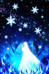 Rule 34 | 1girl, absurdres, anastasia (fate), bad id, bad pixiv id, blue theme, commentary, crystal, dress, fate/grand order, fate (series), from side, harada miyuki, highres, holding, long dress, long hair, monochrome, silhouette, snowflakes, solo, standing, very long hair