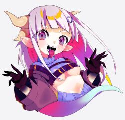 Rule 34 | 1girl, black gloves, blush, breasts, crop top, cropped torso, gloves, hair ornament, heart, heart hair ornament, highres, horns, long hair, looking at viewer, multicolored hair, open mouth, original, pink hair, pointy ears, purple eyes, purple hair, saliva, shikkuro69, simple background, small breasts, smile, solo, teeth, tongue, tongue out, underboob, white background