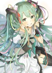 Rule 34 | 1girl, absurdres, asymmetrical sleeves, black footwear, black hat, black thighhighs, blush, boots, collarbone, commentary request, garter straps, green eyes, green hair, grin, hair ornament, hands up, hat, hatsune miku, headset, highres, holding, holding hair, juliet sleeves, long hair, long sleeves, mini hat, mini top hat, petals, pleated skirt, pomu (joynet), puffy sleeves, shirt, single sleeve, skirt, smile, solo, thigh boots, thighhighs, tilted headwear, top hat, twintails, uneven sleeves, very long hair, vocaloid, white background, white shirt, white skirt, wide sleeves