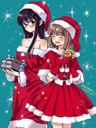Rule 34 | 2girls, :d, artist name, bare shoulders, belt, black-framed eyewear, black belt, black hair, blush, book, box, breasts, capelet, christmas, cleavage, closed eyes, closed mouth, collarbone, commentary, dated, dress, fur-trimmed capelet, fur-trimmed dress, fur-trimmed gloves, fur-trimmed headwear, fur trim, gift, gift box, glasses, gloves, green background, happy, hat, himawari-san, himawari-san (character), holding, holding book, holding box, holding gift, kazamatsuri matsuri, light brown hair, long hair, long sleeves, looking at viewer, medium breasts, multiple girls, off-shoulder dress, off shoulder, open mouth, pleated dress, pom pom (clothes), purple eyes, red capelet, red dress, red gloves, red hat, santa capelet, santa dress, santa gloves, santa hat, short hair, signature, simple background, smile, sparkle, split mouth, standing, sugano manami, symbol-only commentary