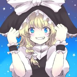 Rule 34 | 1girl, blonde hair, blue eyes, excited, female focus, grin, hand on headwear, happy, hat, hat tug, kirisame marisa, looking at viewer, onimaru gonpei, smile, solo, star (symbol), touhou, upper body, witch, witch hat