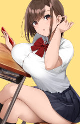Rule 34 | 1girl, banned artist, blush, bow, bowtie, breast rest, breasts, brown eyes, brown hair, cellphone, chair, crossed legs, desk, fay (fay axl), highres, holding, holding phone, kneehighs, large breasts, long hair, original, parted lips, phone, pleated skirt, red bow, red bowtie, school desk, school uniform, shirt, simple background, sitting, skirt, smartphone, socks, solo, thighs, white shirt, yellow background