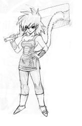 Rule 34 | 1girl, alternate costume, armor, black eyes, boots, carrying, carrying over shoulder, commentary, dragon ball, eyelashes, full body, gine, greyscale, hand on own hip, highres, knife, looking at viewer, monochrome, murata yuusuke, short hair, simple background, skirt, smile, solo focus, spiked hair, tail, white background, wristband