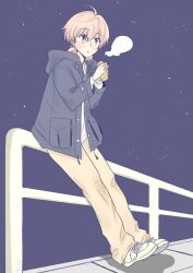 Rule 34 | 1girl, ahoge, blue background, blue jacket, brown pants, can, commentary request, drink, highres, holding, holding can, holding drink, jacket, koito yuu, orange hair, pants, r-it-sum-io-17, shoes, short hair, sneakers, star (symbol), starry background, white footwear, yagate kimi ni naru, yellow eyes