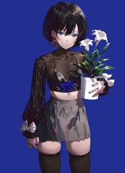 Rule 34 | 1girl, black hair, black thighhighs, blue background, blue bow, blue eyes, blue nails, bow, earrings, fajyobore, female focus, flower, grey skirt, highres, holding, holding plant, jewelry, light smile, lily (flower), looking at viewer, midriff, nail polish, navel, original, plant, pleated skirt, potted plant, simple background, skirt, solo, thighhighs, zettai ryouiki