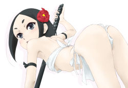 Rule 34 | 10s, 1girl, ass, black hair, blue eyes, blush, breasts, flower, hair flower, hair ornament, marutaya, panties, princess principal, simple background, small breasts, solo, toudou chise, underwear, white background, white panties