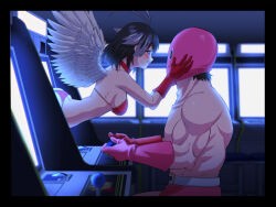 1boy 1girl absurdres angel_wings antenna_hair arcade_cabinet arcade_gamer_fubuki ass bikini black_border black_hair blue_eyes border breasts choker eye_contact face-to-face gloves glowing grey_hair grin hands_on_another&#039;s_cheeks hands_on_another&#039;s_face highres looking_at_another mask medium_breasts mr.mystery multicolored_hair muscular muscular_male pink_gloves playing_games red_bikini red_choker red_gloves sakuragasaki_fubuki sasar1211 short_hair smile swimsuit two-tone_hair white_wings wings wrestler