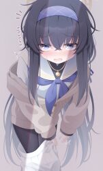 Rule 34 | 1girl, black hair, black pantyhose, black undershirt, blue archive, blue hairband, blue neckerchief, blush, cardigan, crack of light, crossed bangs, dressing, grey cardigan, hair between eyes, hairband, halo, highres, jewelry, long hair, long sleeves, looking at viewer, minto yupo, neckerchief, open mouth, pantyhose, pendant, pleated skirt, purple eyes, sailor collar, skirt, solo, sweat, translation request, ui (blue archive), undershirt, white sailor collar, white skirt