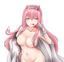 Rule 34 | 10s, 1girl, aqua eyes, bad id, bad pixiv id, breasts, candy, collarbone, commentary, darling in the franxx, eyeshadow, food, gloves, hair over breasts, hairband, horns, jacket, jacket on shoulders, large breasts, lollipop, long hair, makeup, melings (aot2846), navel, no nipples, nude, out-of-frame censoring, pink hair, simple background, solo, tongue, tongue out, upper body, very long hair, white background, white hairband, zero two (darling in the franxx)