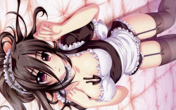 Rule 34 | 1girl, alpha (yukai na nakamatachi), bed, black hair, blush, bonnet, breasts, brown eyes, brown hair, cleavage, clothes lift, covered erect nipples, frills, from above, g-senjou no maou, garter straps, highres, large breasts, long hair, lying, maid, maid headdress, nipples, on back, open mouth, panties, pantyshot, red eyes, skirt, skirt lift, solo, striped clothes, striped panties, thighhighs, underwear, usami haru, wallpaper