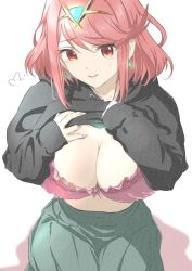 Rule 34 | 1girl, alternate costume, bra, breasts, clothes lift, earrings, highres, jewelry, large breasts, mitsugu, nintendo, pyra (xenoblade), red eyes, red hair, shirt lift, short hair, simple background, smile, solo, swept bangs, tiara, underwear, xenoblade chronicles (series), xenoblade chronicles 2