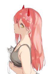 Rule 34 | + +, 1girl, animal, black tank top, breasts, cat, chainsaw man, commentary, crop top, cross-shaped pupils, demon horns, expressionless, from side, hair between eyes, holding, holding animal, holding cat, horns, long hair, looking at viewer, medium breasts, meowy (chainsaw man), parted lips, pink hair, power (chainsaw man), signature, simple background, sleeveless, solo, straight hair, symbol-shaped pupils, tank top, upper body, white background, yellow eyes, yusubai 00