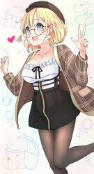 Rule 34 | 1girl, :d, black skirt, blonde hair, blue eyes, bob cut, breasts, brown coat, brown headwear, bubba (watson amelia), chinese commentary, cleavage, coat, commentary, earrings, frills, gradient background, h2o (ddks2923), happy, heart, heart earrings, highres, hololive, hololive english, jewelry, large breasts, looking to the side, medium breasts, official alternate costume, official alternate hairstyle, open clothes, open coat, open mouth, shirt, short hair, skirt, smile, solo, standing, standing on one leg, teeth, thighhighs, translated, upper teeth only, virtual youtuber, w, watson amelia, watson amelia (street casual), white shirt, zipper, zipper pull tab