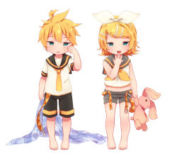 Rule 34 | 1boy, 1girl, aged down, blonde hair, blue eyes, bow, brother and sister, capelet, hair bow, hair ornament, hairclip, highres, kagamine len, kagamine rin, looking at viewer, midriff, necktie, open mouth, reki (arequa), rubbing eyes, siblings, simple background, sleepy, stuffed animal, stuffed rabbit, stuffed toy, tears, twins, vocaloid, white background, yawning, yellow necktie