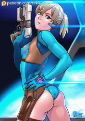 Rule 34 | 1girl, 2017, adapted costume, aged down, alternate hair color, ass, blue eyes, breasts, brown hair, chaps, commentary, covered erect nipples, earpiece, gun, handgun, highres, holding, holding gun, holding weapon, holster, leotard, lips, long sleeves, looking back, metroid, metroid: other m, nintendo, paid reward available, parted lips, patreon username, pistol, samus aran, short ponytail, shoulder holster, small breasts, solo, tekuho no habo, trigger discipline, weapon, zero suit