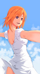 Rule 34 | 1girl, clothes lift, cloud, day, dress, dress lift, from behind, looking back, open mouth, orange hair, original, outstretched arms, outstretched hand, purple eyes, short hair, skirt, sky, smile, solo, white dress, white skirt, yuuji (and)