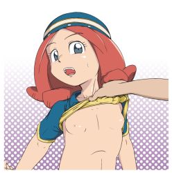Rule 34 | 1girl, black eyes, blush, breasts, clothes lift, hat, inazuma eleven, inazuma eleven (series), long hair, nipples, no bra, open clothes, open mouth, red hair, robita, shirt lift, small breasts, soccer uniform, solo focus, sportswear, surprised, sweatdrop, zaizen touko