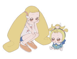 Rule 34 | 2girls, ao (ao0 0nemu), baby, blonde hair, blue shorts, brown eyes, closed mouth, dual persona, fairy, floral print, full body, hair bobbles, hair ornament, hands on own cheeks, hands on own face, highres, long hair, looking at another, makihatayama hana, multiple girls, ojamajo doremi, on head, open mouth, orange footwear, shirt, shoes, short hair, short shorts, shorts, simple background, sitting, smile, squatting, toto (ojamajo doremi), twintails, very long hair, white background, white shirt, wing hair ornament