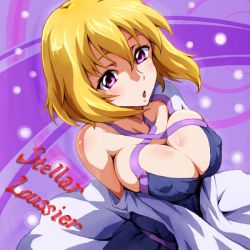 Rule 34 | 1girl, bare shoulders, blonde hair, blush, breasts, character name, cleavage, covered erect nipples, from above, gundam, gundam seed, gundam seed destiny, large breasts, off shoulder, parted lips, purple eyes, red eyes, runaru, short hair, solo, stellar loussier, wide sleeves