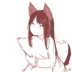 Rule 34 | animal ears, artist name, blush, commentary, english commentary, english text, closed eyes, highres, hug, long hair, long sleeves, monochrome, hugging object, original, signature, sketch, solo, tail, tail raised, tail wagging, teriibol, trembling, wolf ears, wolf girl, wolf tail