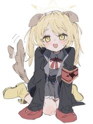 Rule 34 | 1girl, :d, animal ears, armband, black coat, blonde hair, blue archive, blush, boots, brown tail, coat, commentary request, dog ears, dog tail, dress, full body, grey dress, halo, highres, horns, ibuki (blue archive), kemonomimi mode, neck ribbon, noyama (prosiuttooishi), open mouth, pinafore dress, red ribbon, ribbon, rubber boots, simple background, sleeveless, sleeveless dress, sleeves past fingers, sleeves past wrists, smile, solo, tail, twintails, white background, yellow eyes, yellow footwear