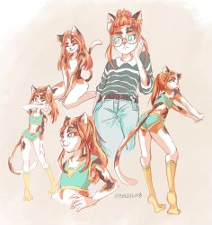 Rule 34 | 5girls, :3, ^ ^, animal ears, artist name, ashleyloob, belt, blue eyes, calico, cat, cat ears, cat girl, cat tail, closed eyes, collared shirt, denim, flat chest, furry, furry female, glasses, hair bun, hand on own hip, highres, jeans, kneehighs, long hair, looking back, midriff, multiple girls, navel, one eye closed, open mouth, orange hair, original, outstretched arm, pants, ponytail, round eyewear, shirt, shorts, simple background, single hair bun, sitting, smile, socks, sports bra, sportswear, striped clothes, striped shirt, tail