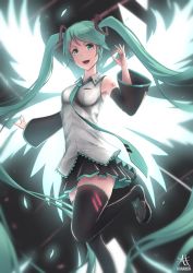 Rule 34 | 1girl, :d, aqua eyes, aqua hair, aqua necktie, bare shoulders, black footwear, black skirt, black thighhighs, blush, breasts, collared shirt, detached sleeves, grey shirt, hair ornament, hananon, hand gesture, hatsune miku, leg up, loafers, long hair, long sleeves, looking at viewer, necktie, ok sign, open mouth, outstretched arm, pleated skirt, shirt, shoes, skirt, sleeveless, sleeveless shirt, smile, solo, standing, standing on one leg, tattoo, thighhighs, twintails, very long hair, vocaloid, white wings, wide sleeves, wing collar, wings, zettai ryouiki