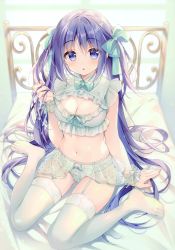 Rule 34 | 1girl, :o, absurdres, aqua bow, bare shoulders, bed, blue eyes, blue hair, bow, breasts, cleavage, cleavage cutout, clothing cutout, crop top, garter straps, grey panties, hair bow, hand up, highres, holding, holding hair, lingerie, long hair, looking at viewer, medium breasts, midriff, navel, no shoes, on bed, original, panties, parted lips, scan, see-through, showgirl skirt, sitting, sleeveless, solo, stomach, suimya, thighhighs, thighs, twintails, underwear, very long hair, wariza, white thighhighs, wrist cuffs