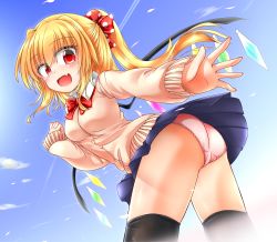 Rule 34 | 1girl, ass, blonde hair, blush, bow, bowtie, fang, flandre scarlet, hand up, highres, long hair, long sleeves, marukyuu ameya, miniskirt, open mouth, outstretched arm, panties, pink panties, pleated skirt, red eyes, school uniform, side ponytail, skirt, sweater, touhou, underwear, uniform, upskirt, wind, wind lift, wings