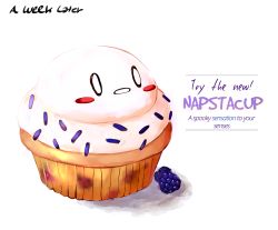 Rule 34 | 0 0, 1boy, blueberry, blush, blush stickers, caribun, cupcake, english text, food, food focus, foodification, fruit, napstablook, objectification, pastry, sprinkles, text focus, undertale
