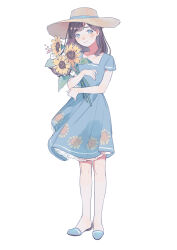 Rule 34 | 1girl, absurdres, blue dress, blue eyes, blue footwear, blush, brown hair, brown hat, closed mouth, collarbone, commentary, dress, floral print, flower, frilled dress, frills, full body, hand up, hat, hidari (nanmu-left), highres, holding, holding flower, long hair, original, shoes, short sleeves, simple background, smile, solo, standing, straight hair, straw hat, sunflower, sunflower print, symbol-only commentary, tachi-e, tareme, white background, yellow flower