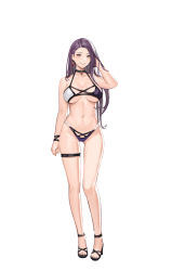 Rule 34 | 1girl, absurdres, alternate costume, bikini, black footwear, blush, breasts, cameltoe, cleavage, commentary, commission, earrings, english commentary, fire emblem, fire emblem echoes: shadows of valentia, full body, gem, gluteal fold, grin, hand in own hair, high heels, highres, jewelry, jonbur man, large breasts, lips, long hair, looking at viewer, nintendo, parted bangs, parted lips, pixiv commission, purple bikini, purple eyes, purple hair, red gemstone, sandals, simple background, smile, solo, sonya (fire emblem gaiden), standing, stomach, straight hair, swimsuit, thigh strap, thighs, two-tone bikini, white background, white bikini, wristband