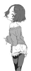 Rule 34 | 1girl, bare shoulders, child, commentary request, copyright request, denim, denim shorts, from behind, greyscale, hair ornament, hairclip, highres, long sleeves, looking at viewer, looking back, monochrome, open mouth, pantyhose, short hair, shorts, solo, sweater, teeth, yamamoto souichirou
