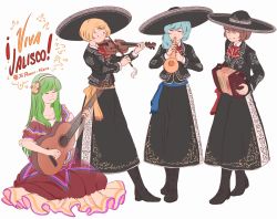 Rule 34 | 4girls, accordion, acoustic guitar, ascot, blonde hair, blue hair, bob cut, boots, brown hair, commentary, copyright name, dress, closed eyes, fading, green eyes, guitar, hair over shoulder, hat, headband, instrument, jalisco, layla prismriver, long hair, long sleeves, looking at viewer, lunasa prismriver, lyrica prismriver, mariachi, mefomefo, merlin prismriver, mexican dress, mexico, multiple girls, music, one eye closed, playing instrument, scarf, short hair, simple background, sitting, skirt, smile, sombrero, spanish text, standing, touhou, transparent, trumpet, vest, violin, white background, yellow eyes