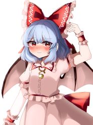 Rule 34 | 1girl, absurdres, artist name, bat wings, blue hair, blush, bow, brooch, cosplay, dress, frills, hakurei reimu, hakurei reimu (cosplay), hasumi suzuna, highres, jewelry, looking at viewer, puffy short sleeves, puffy sleeves, red bow, red eyes, remilia scarlet, ribbon, short hair, short sleeves, smile, solo, touhou, wings, wrist cuffs