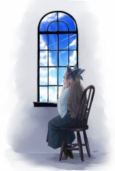 Rule 34 | 1girl, artist name, asakaze (kancolle), blue sky, chair, cloud, commentary request, day, head rest, highres, indoors, japanese clothes, kantai collection, light brown hair, long hair, long sleeves, looking at another, looking outside, meiji schoolgirl uniform, shoes, simple background, sitting, sky, solo, totto (naka), window