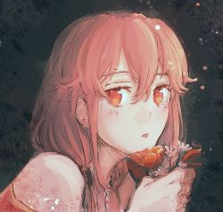 Rule 34 | absurdres, blush, clenched hands, dress, eyelashes, floral background, floral dress, flower, guilty crown, hidariyana, highres, long hair, looking at viewer, open mouth, pink eyes, pink hair, red dress, red flower, signature, white flower, yuzuriha inori