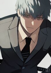 Rule 34 | 1boy, black jacket, black necktie, black suit, blue hair, brown eyes, collared shirt, fate/grand order, fate (series), formal, hair between eyes, highres, jacket, katana, leaning forward, light smile, looking at viewer, male focus, necktie, saitou hajime (fate), sheath, sheathed, shirt, short hair, simple background, solo, suit, suit jacket, sword, teria (teriarian), upper body, weapon, white background, white shirt