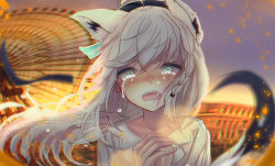 Rule 34 | 1girl, absurdres, ahoge, animal ears, beret, black hat, blurry, blurry background, blush, braid, collarbone, crying, crying with eyes open, earrings, floating hair, fox ears, fox girl, fox tail, green eyes, hair between eyes, hat, highres, hololive, huge filesize, jewelry, light particles, long hair, looking at viewer, matudo yuu, open mouth, outdoors, own hands together, shirakami fubuki, shirakami fubuki (street), shirt, sidelocks, single braid, solo, tail, tears, virtual youtuber, white hair, white shirt