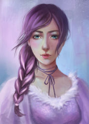 Rule 34 | 1girl, blue eyes, braid, choker, closed mouth, commentary, dress, english commentary, eyelashes, looking at viewer, nose, original, pink lips, purple choker, purple dress, purple hair, ribbon choker, shiro-hane, side braid, single braid, solo