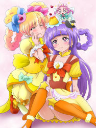 Rule 34 | 2girls, asahina mirai, blonde hair, boots, bow, braid, braided hair rings, candy hair ornament, closed eyes, cure magical, cure magical (topaz style), cure miracle, cure miracle (topaz style), dress, eating, food, food-themed hair ornament, ha-chan (mahou girls precure!), hair ornament, hair rings, hand on own cheek, hand on own face, hat, highres, izayoi liko, kneeling, long hair, looking up, magical girl, mahou girls precure!, mameshiba (pixiv 59310), mini hat, mini witch hat, multiple girls, pink hat, precure, pudding, purple eyes, purple hair, sitting, smile, spoon, sweatdrop, topaz style, witch hat