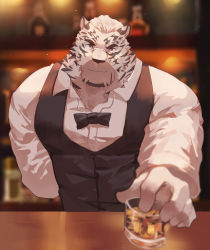 Rule 34 | 1boy, absurdres, alternate costume, animal ears, arknights, bara, bartender, black vest, bow, bowtie, cup, furry, furry male, guoguo, highres, large pectorals, looking at viewer, male focus, mountain (arknights), muscular, muscular male, pectorals, scar, scar across eye, scar on face, shirt, short hair, smile, solo, tiger boy, tiger ears, upper body, vest, white fur, white hair, white shirt