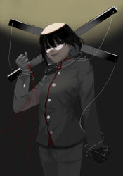 Rule 34 | 1girl, androgynous, black background, black eyes, black gloves, black hair, black jacket, black pants, bob cut, breasts, brown background, closed mouth, commentary, cowboy shot, empty eyes, gakuran, gloves, gradient background, hair between eyes, highres, holding, holding string, jacket, light smile, looking at viewer, looking down, marionette, monogatari (series), naoetsu high school uniform, oshino ougi, owarimonogatari, pale skin, pants, puppet, puppet strings, raised eyebrows, school uniform, short hair, small breasts, smug, solo, spotlight, standing, string, string of fate, touda (miku118)