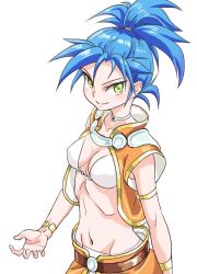 Rule 34 | 1girl, aged down, blue hair, bra, breasts, choker, chrono trigger, cleavage, green eyes, groin, long hair, looking at viewer, medium breasts, midriff, navel, panties, queen zeal, s-a-murai, simple background, skinny, smile, solo, underwear, white background