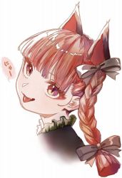 Rule 34 | 1girl, :p, animal ears, braid, cat ears, commentary request, cropped shoulders, extra ears, fang, highres, kaenbyou rin, long hair, looking at viewer, parted lips, portrait, red eyes, red hair, simple background, skin fang, solo, teruteru (teru teru), tongue, tongue out, touhou, twin braids, twintails, white background