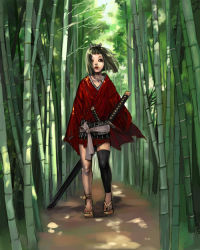 Rule 34 | 1girl, agasang, asymmetrical clothes, bamboo, bamboo forest, black hair, blunt bangs, forest, geta, japanese clothes, katana, lipstick, makeup, nature, ninja, original, short hair, solo, sword, weapon