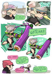 Rule 34 | + +, 2girls, alternate weapon, beanie, black hair, black shirt, black shorts, brown eyes, callie (splatoon), casual, closed mouth, comic, english text, gomipomi, grey hair, hat, highres, holding, holding weapon, inkling, layered clothes, layered sleeves, long hair, long sleeves, looking back, marie (splatoon), multiple girls, nintendo, open mouth, print shirt, shirt, shoes, short hair, short over long sleeves, short sleeves, shorts, sneakers, splat roller (splatoon), splatoon (series), splatoon 1, squatting, striped clothes, striped shirt, sweatdrop, tentacle hair, weapon, white footwear