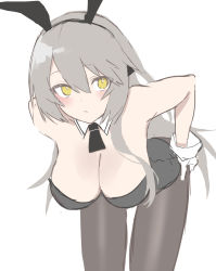 Rule 34 | 1girl, :o, animal ears, black hairband, black leotard, black pantyhose, blush, breasts, cleavage, detached collar, fake animal ears, ff frbb122, girls&#039; frontline, gloves, grey hair, hairband, highres, large breasts, leotard, long hair, pantyhose, playboy bunny, rabbit ears, simple background, solo, ump40 (girls&#039; frontline), white gloves, yellow eyes